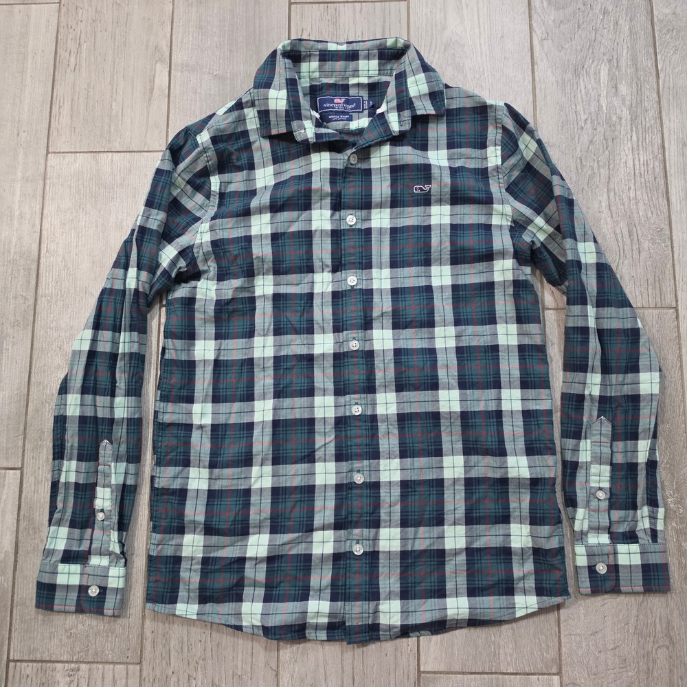 Vineyard Vines Boys L Whale Shirt Green Navy Blue Plaid Button Down Long Sleeve